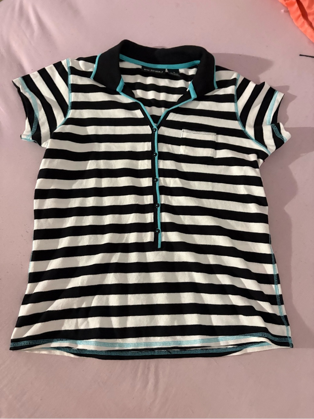 Bay Studio Black & White Striped Polo with Teal Trim